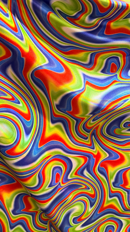 NEW Modern abstract lava design Oil slick Sapphire Multicolor on Iridescent metallic nylon spandex 4-way stretch 58/60” Sold by the YD.
