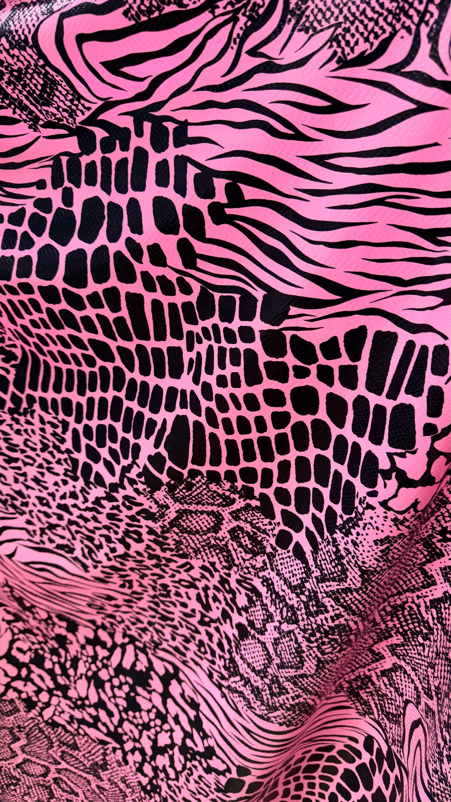 NEW Pink/black Exotic Animal print safari design nylon spandex with clear  foil 4-way stretch 58/60” Sold by the YD. Ships worldwide