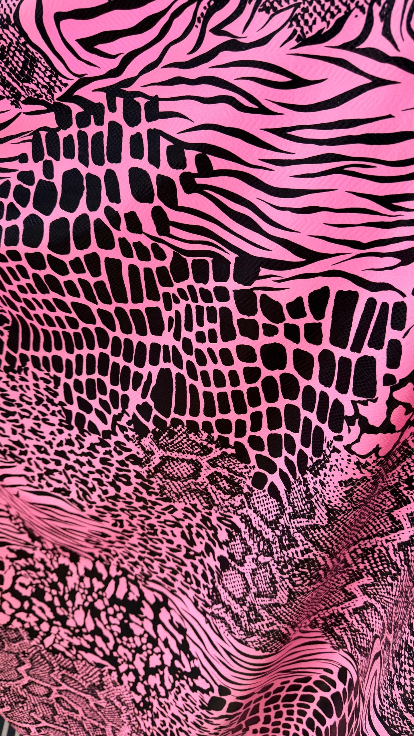 NEW Pink/black Exotic Animal print safari design nylon spandex with clear  foil 4-way stretch 58/60” Sold by the YD. Ships worldwide