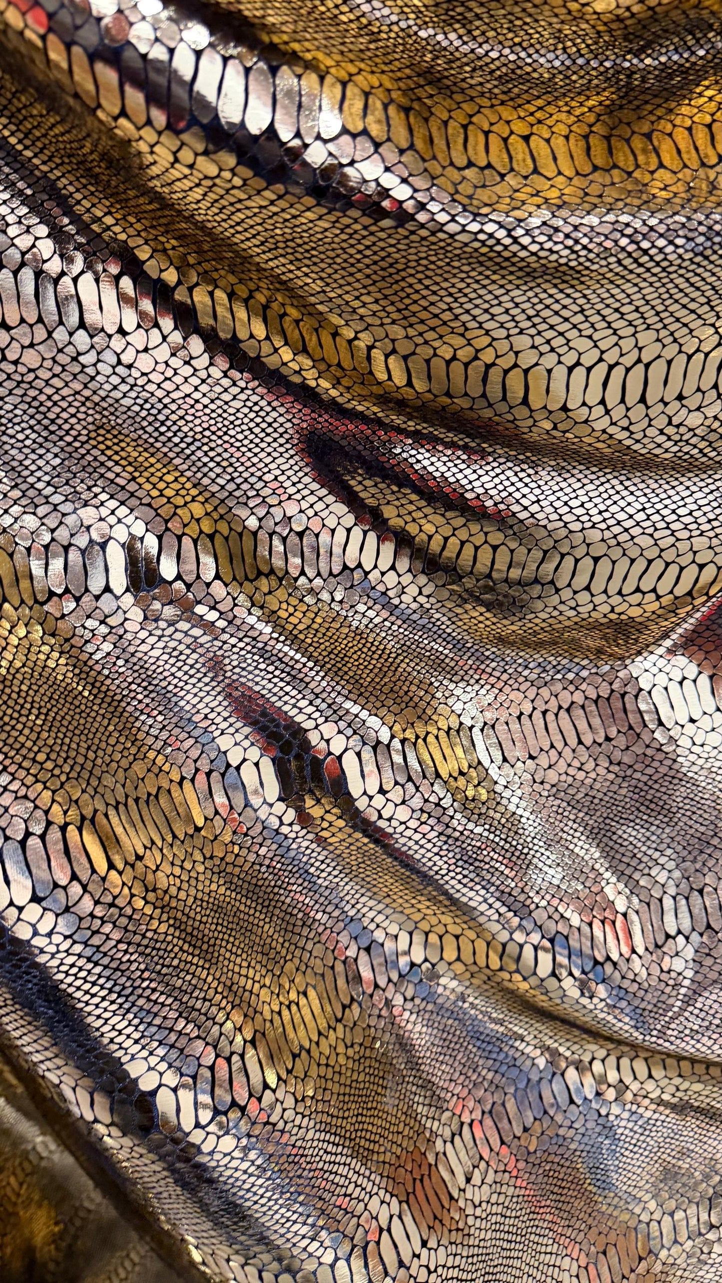 Luxury snake skin design Gold/Black metallic stretch velvet 4-way stretch 58/60” Sold by the YD. Ships worldwide from Los Angeles California