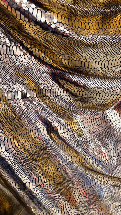 Luxury snake skin design Gold/Black metallic stretch velvet 4-way stretch 58/60” Sold by the YD. Ships worldwide from Los Angeles California