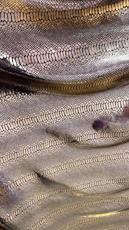 Luxury snake skin design Gold/Black metallic stretch velvet 4-way stretch 58/60” Sold by the YD. Ships worldwide from Los Angeles California