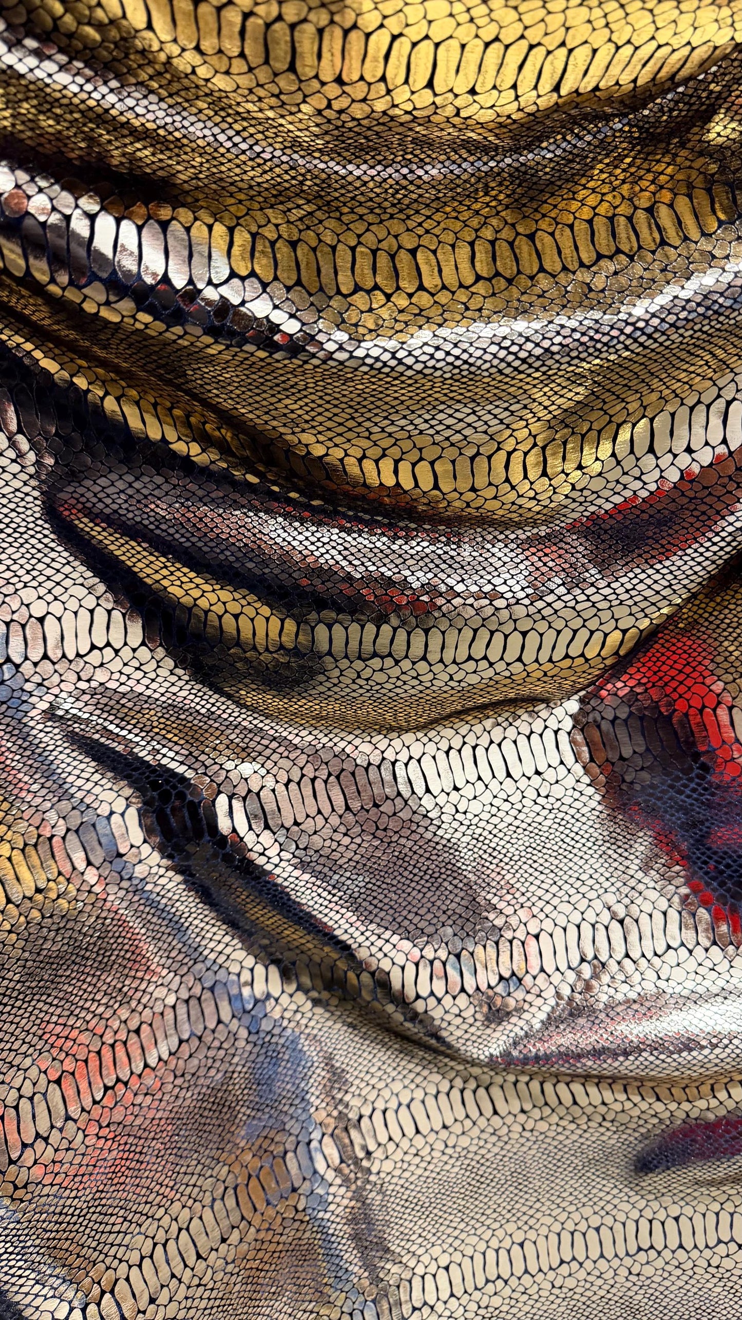 Luxury snake skin design Gold/Black metallic stretch velvet 4-way stretch 58/60” Sold by the YD. Ships worldwide from Los Angeles California