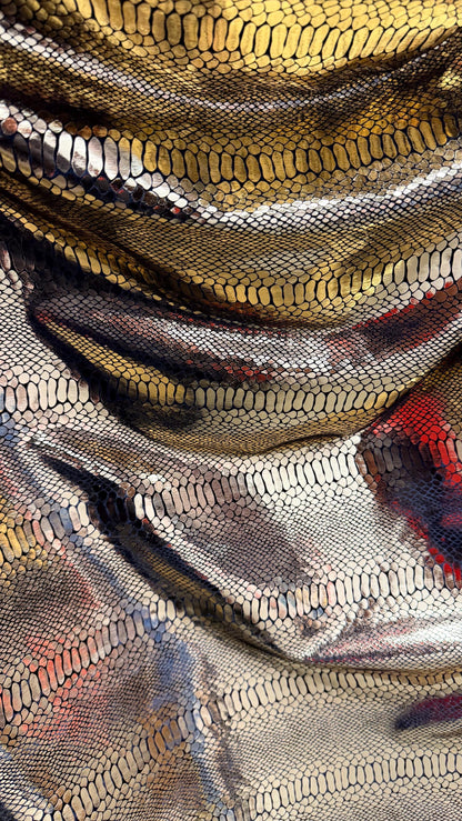 Luxury snake skin design Gold/Black metallic stretch velvet 4-way stretch 58/60” Sold by the YD. Ships worldwide from Los Angeles California