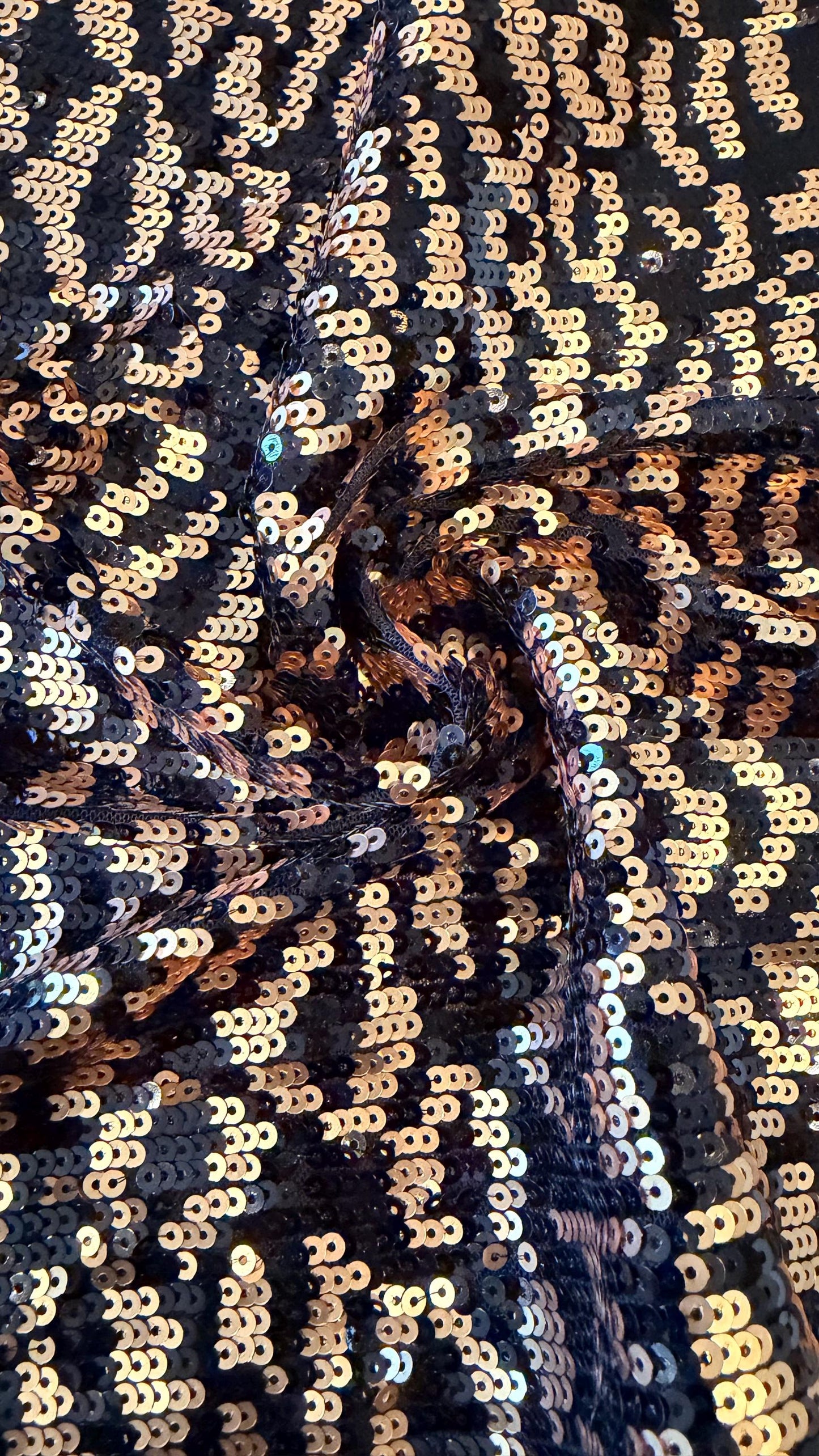 New Exotic leopard design Black/Gold on glitz cosmic sequins embroidered on powe mesh 2-way stretch 34/36” Sold by the YD.