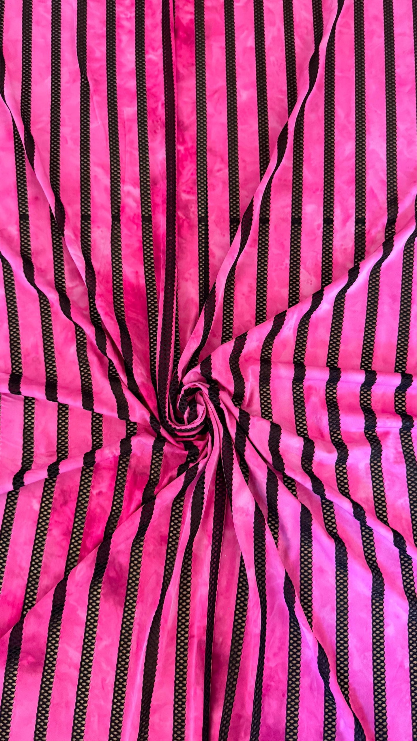 New stripe tie dye  nylon spandex mesh pink color  4-way stretch 58/60” Sold by the YD. Ships worldwide from Los Angeles California USA.