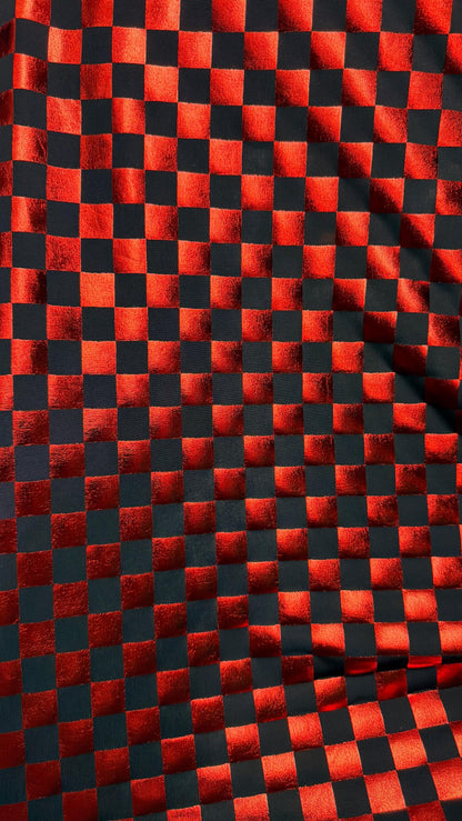 Checkered design metallic poly spandex Red/Black 2-way stretch 58/60” Sold by the YD. Ships Worldwide from Los Angeles California USA