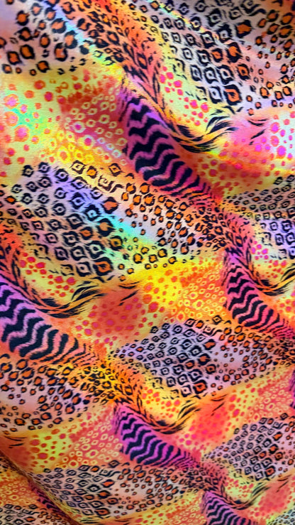 New Safari design multicolor Iridescent metallic nylon spandex 4way stretch 58/60" Sold by the yd. Ships worldwide from Los Angeles Californ
