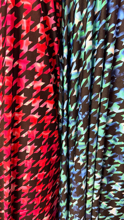 New Houndstooth tie dye design print one nylon spandex 4-way stretch 58/60” Sold by the YD. Ships worldwide from Los Angeles California USA