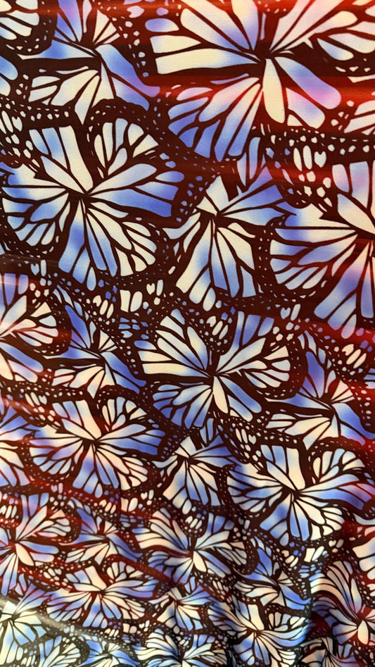New Butterfly abstract design sapphire/black  color print on great quality of power mesh 4-way stretch 58/60”