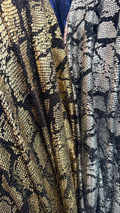 New metallic snake skin design on nylon  spandex base 4 way stretch 58/60" Sold by the YD. ships worldwide from Los Angeles California USA