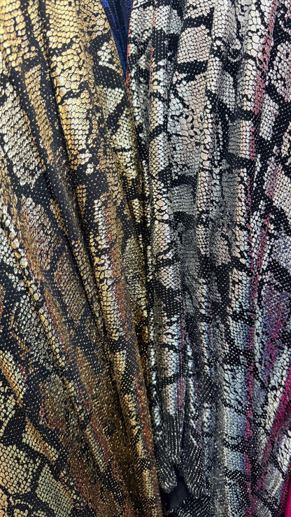 New metallic snake skin design on nylon  spandex base 4 way stretch 58/60" Sold by the YD. ships worldwide from Los Angeles California USA