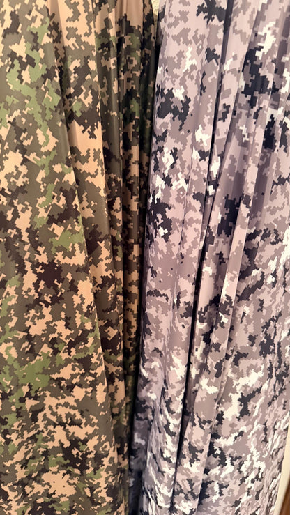 Pixel Camouflage Digital design on nylon spandex print 4way Stretch 58/60" Sold by the yd. Ships worldwide from Los Angeles California USA.