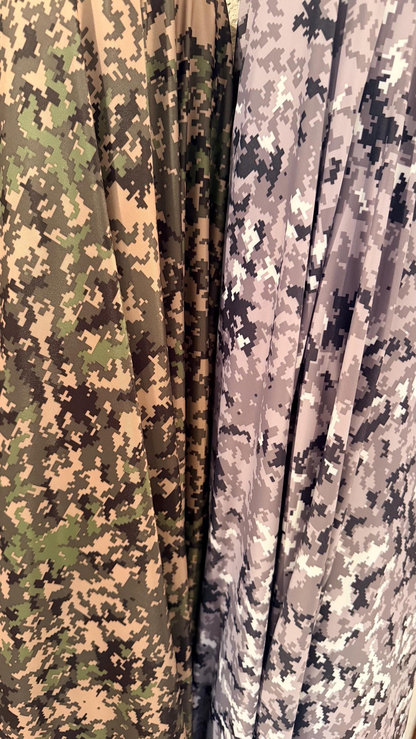 Pixel Camouflage Digital design on nylon spandex print 4way Stretch 58/60" Sold by the yd. Ships worldwide from Los Angeles California USA.
