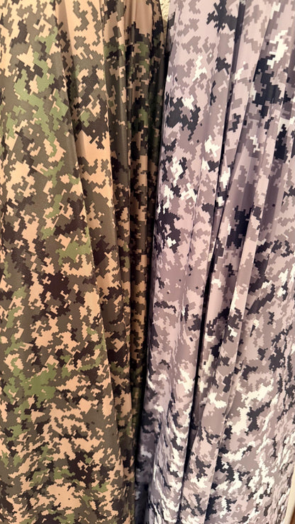 Pixel Camouflage Digital design on nylon spandex print 4way Stretch 58/60" Sold by the yd. Ships worldwide from Los Angeles California USA.