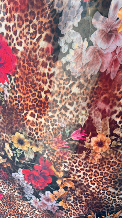 New exotic leopard design with red roses print on power mesh 4-way stretch 58/60” Sold by the YD. Ships worldwide from Los Angeles