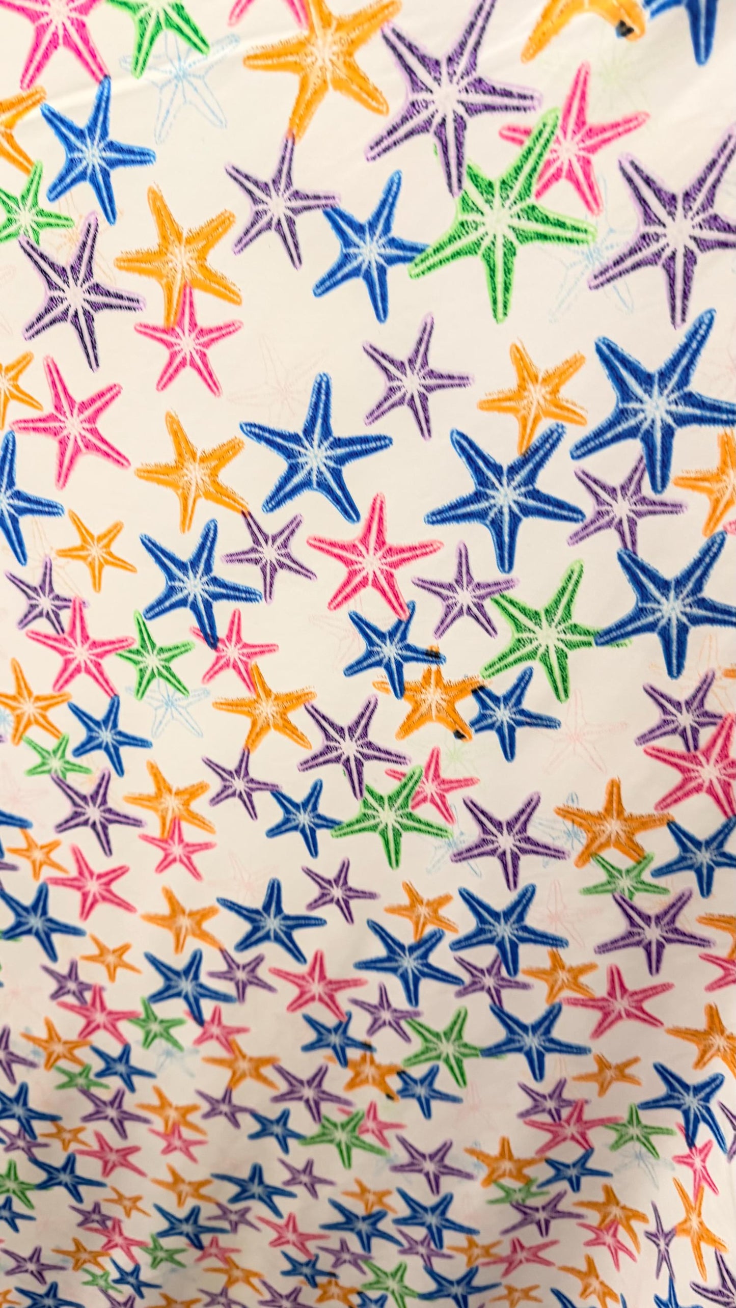 New starfish design Multicolor print on nylon spandex 4-way stretch 58/60” Sold by the YD. Ships worldwide from Los Angeles California USA.