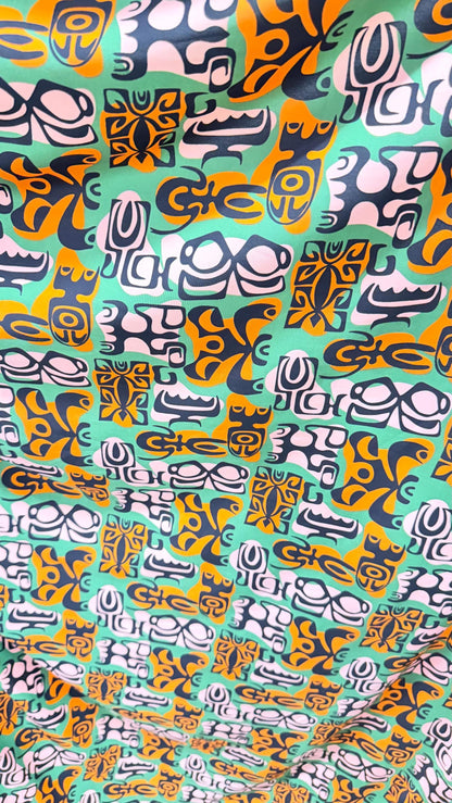 NEW African Abstract design Green Multicolor print on nylon spandex 4-way stretch 58/60” Sold by the YD. Ships Worldwide from Los Angeles CA