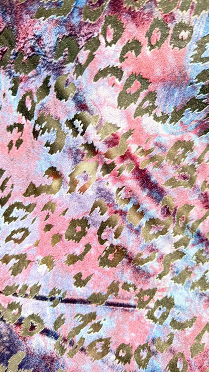 New Burnout Purple/Blue stretch velvet exotic Leopard design 4-way stretch 58/60” Sold by the YD. Ships Worldwide from Los Angeles CA