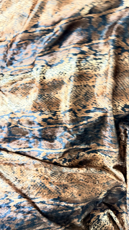 New Exotic Snake design Brown/Gold  print on stretch velvet  4-way Stretch great quality of velvet 58/60” Sold by the YD.