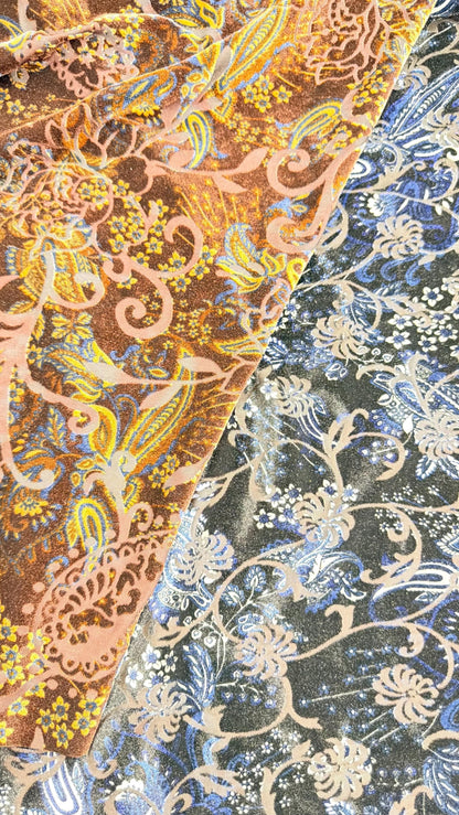 New burnout velvet exotic Flower paisley design multicolor 4way Stretch 58/60" Sold by the YD. Ships worldwide from Los Angeles California