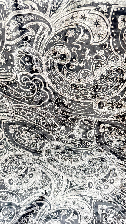 New Luxury paisley design black color print on best quality of velvet 4-way stretch 58/60” Sold by the YD. Ships Worldwide from Los Angeles