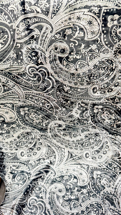 New Luxury paisley design black color print on best quality of velvet 4-way stretch 58/60” Sold by the YD. Ships Worldwide from Los Angeles