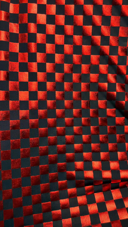 Checkered design metallic poly spandex Red/Black 2-way stretch 58/60” Sold by the YD. Ships Worldwide from Los Angeles California USA