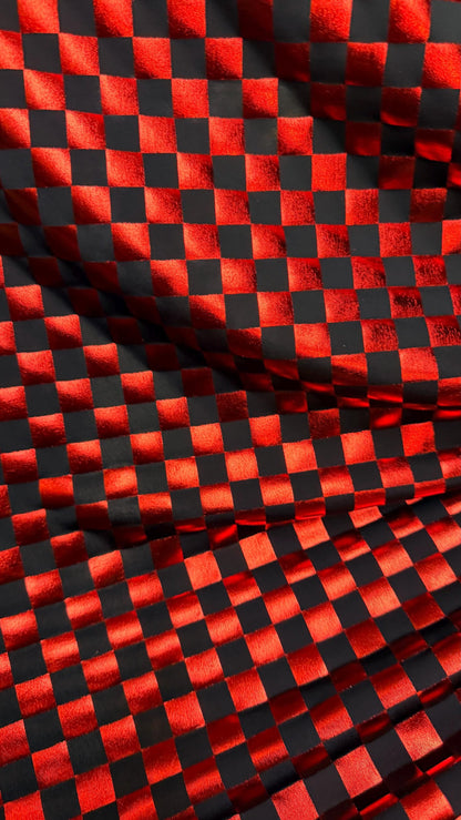 Checkered design metallic poly spandex Red/Black 2-way stretch 58/60” Sold by the YD. Ships Worldwide from Los Angeles California USA