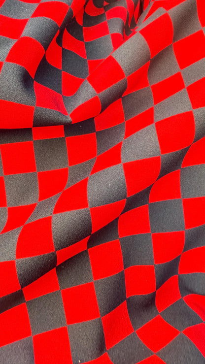 Checkered design 1" Red/Black  print on poly spandex 4way stretch 58/60" Sold by the YD. Ships worldwide from Los Angeles California USA