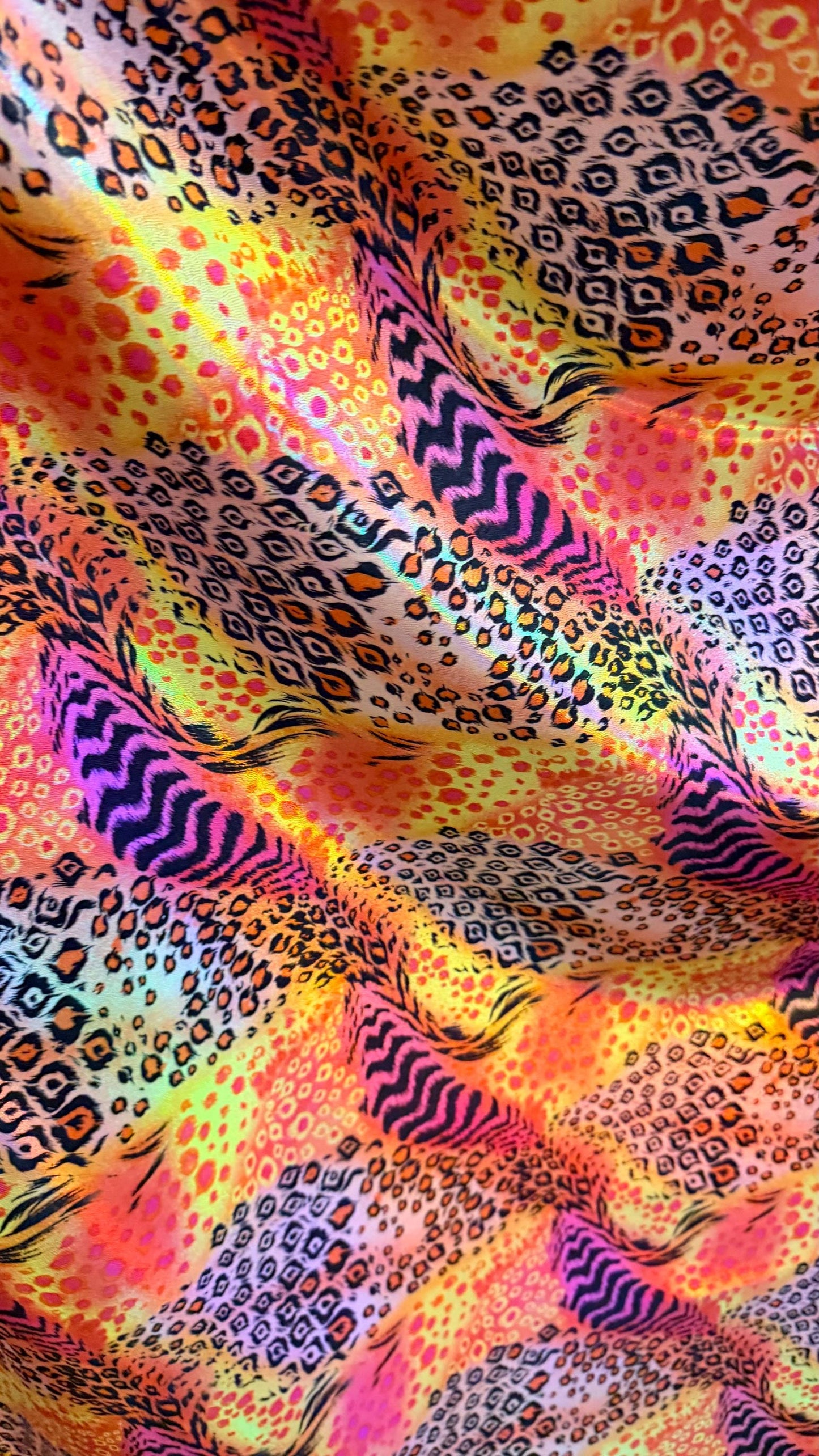 New Safari design multicolor Iridescent metallic nylon spandex 4way stretch 58/60" Sold by the yd. Ships worldwide from Los Angeles Californ