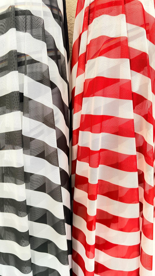 Stripes design 1” size Red/White & Black/White print on power mesh 4-way stretch 58/60” Sold by the YD. Ships Worldwide from Los Angeles CA
