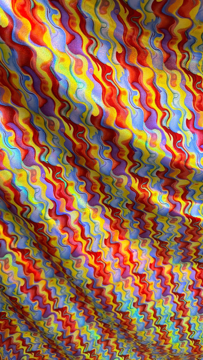 New Magma Lava design digital foil print lacer hologram Iridescent metallic nylon spandex 4-way stretch 58/60” Sold by the YD.