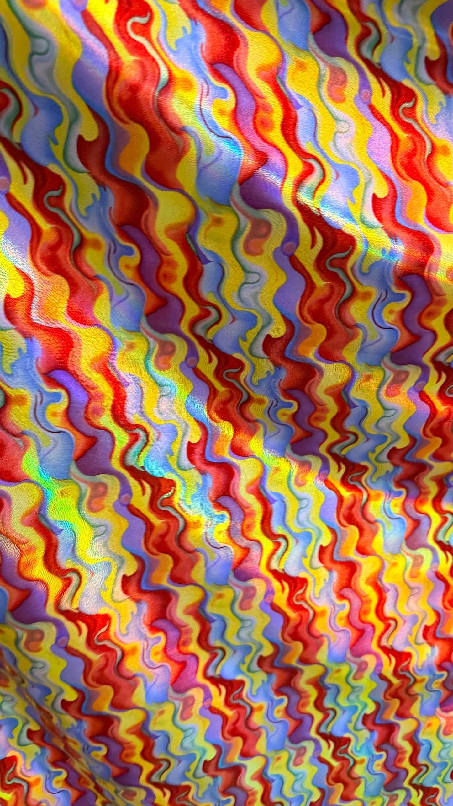 New Magma Lava design digital foil print lacer hologram Iridescent metallic nylon spandex 4-way stretch 58/60” Sold by the YD.