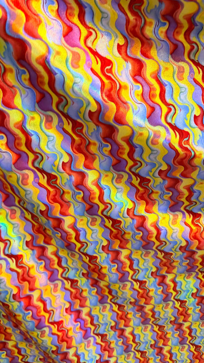 New Magma Lava design digital foil print lacer hologram Iridescent metallic nylon spandex 4-way stretch 58/60” Sold by the YD.
