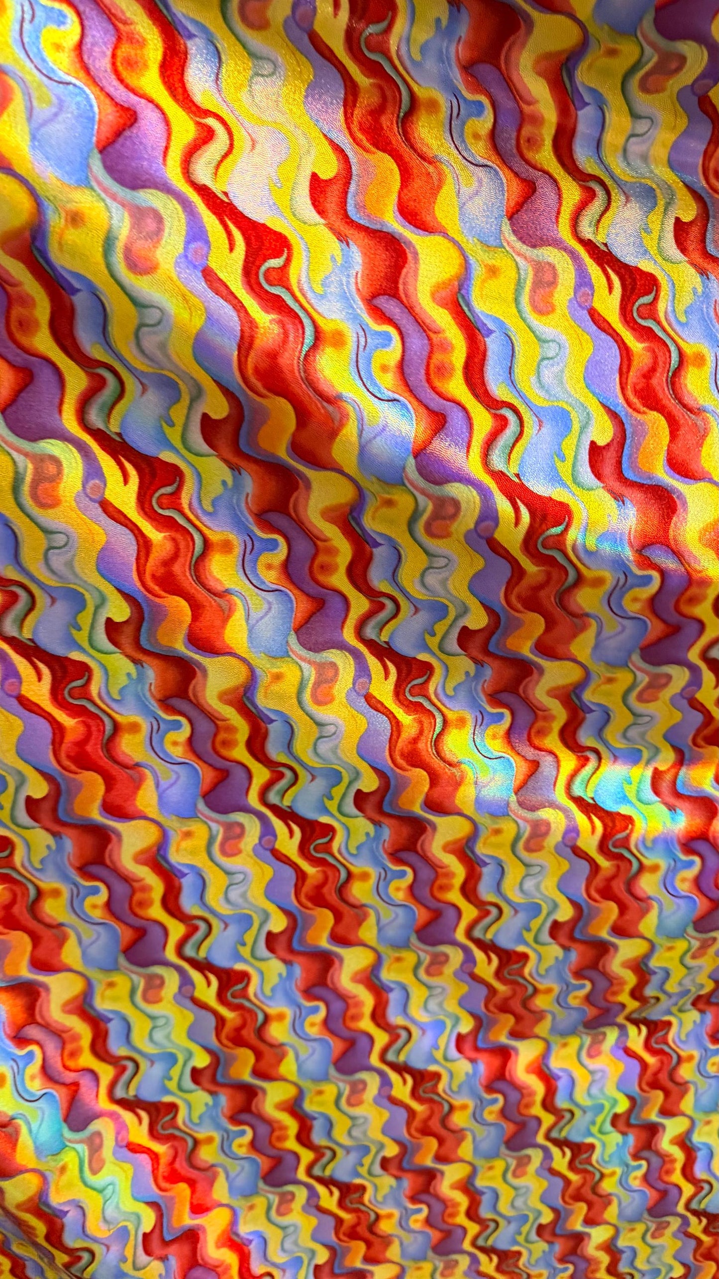 New Magma Lava design digital foil print lacer hologram Iridescent metallic nylon spandex 4-way stretch 58/60” Sold by the YD.