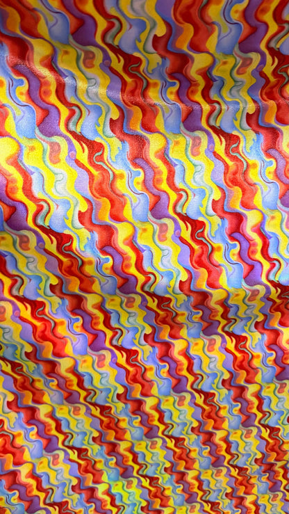 New Magma Lava design digital foil print lacer hologram Iridescent metallic nylon spandex 4-way stretch 58/60” Sold by the YD.
