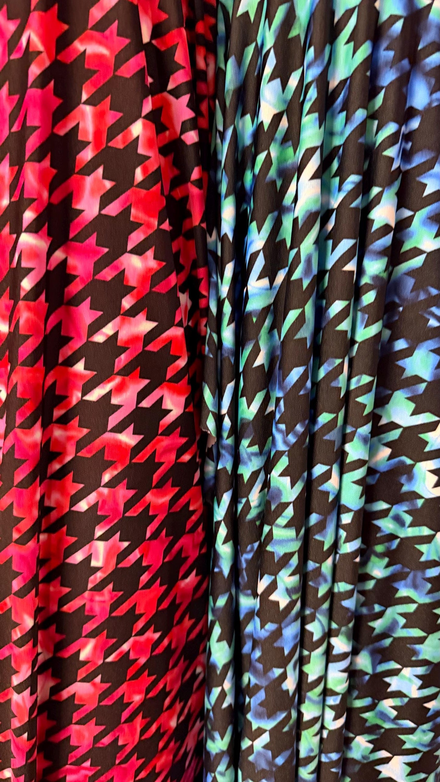 New Houndstooth tie dye design print one nylon spandex 4-way stretch 58/60” Sold by the YD. Ships worldwide from Los Angeles California USA