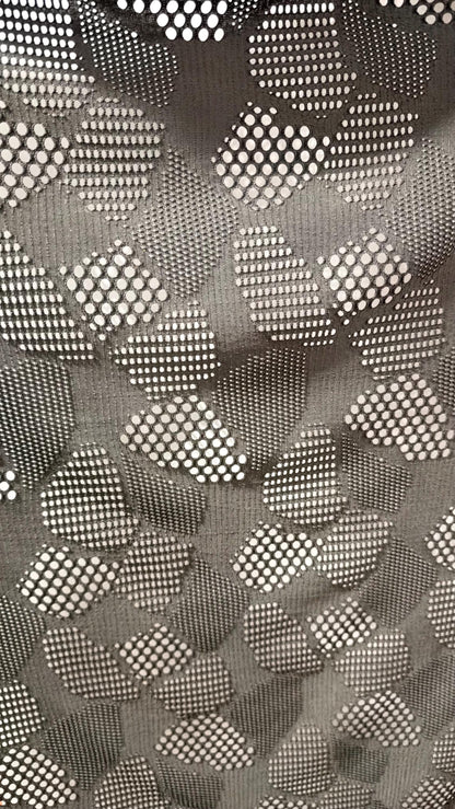 New Geometric patch design Black nylon spandex fishnet 4-way stretch 58/60” Sold by the YD. Ships Worldwide from Los Angeles California USA.