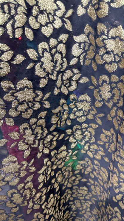 New Luxury burnout flower design silky metallic High multi Chiffon  Black/Gold non stretch 55/57” Sold by the YD. Ships Worldwide from LA CA