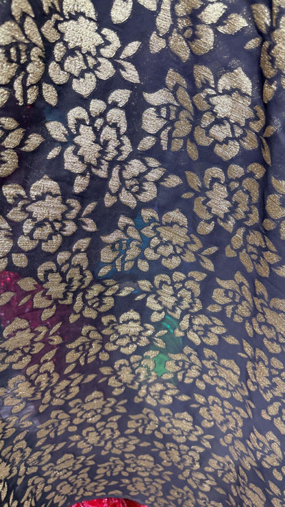 New Luxury burnout flower design silky metallic High multi Chiffon  Black/Gold non stretch 55/57” Sold by the YD. Ships Worldwide from LA CA