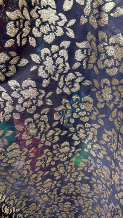 New Luxury burnout flower design silky metallic High multi Chiffon  Black/Gold non stretch 55/57” Sold by the YD. Ships Worldwide from LA CA