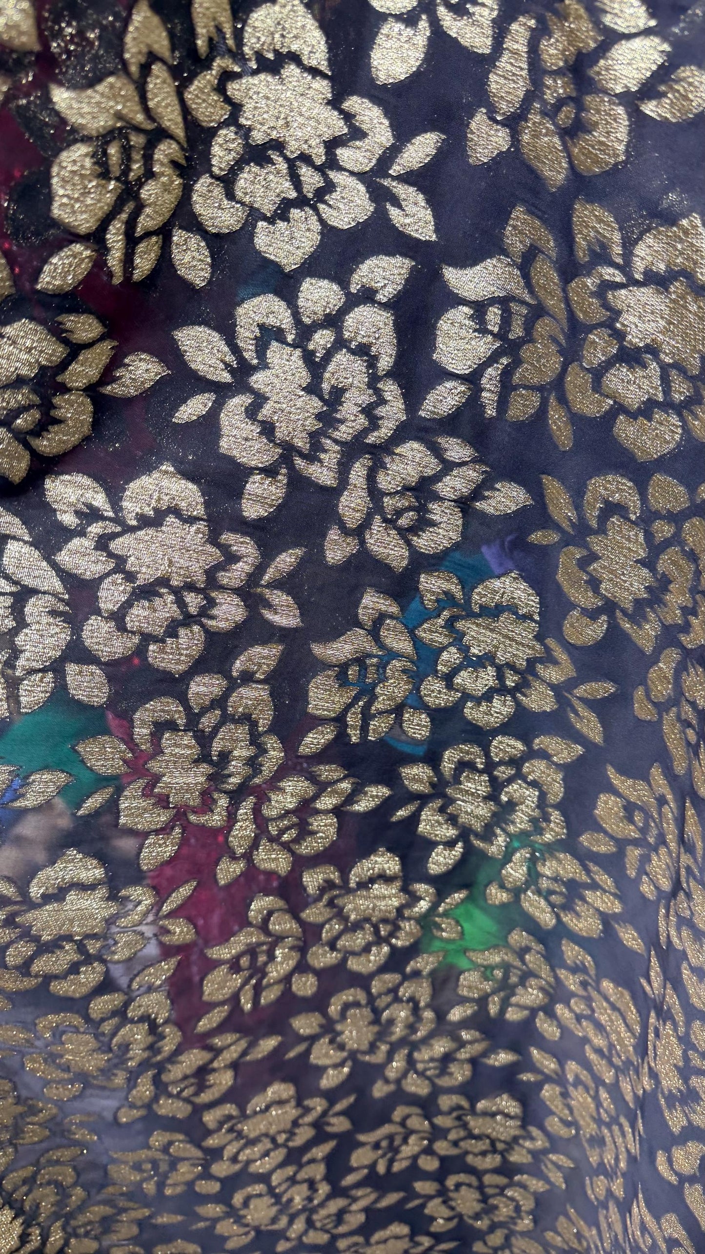 New Luxury burnout flower design silky metallic High multi Chiffon  Black/Gold non stretch 55/57” Sold by the YD. Ships Worldwide from LA CA