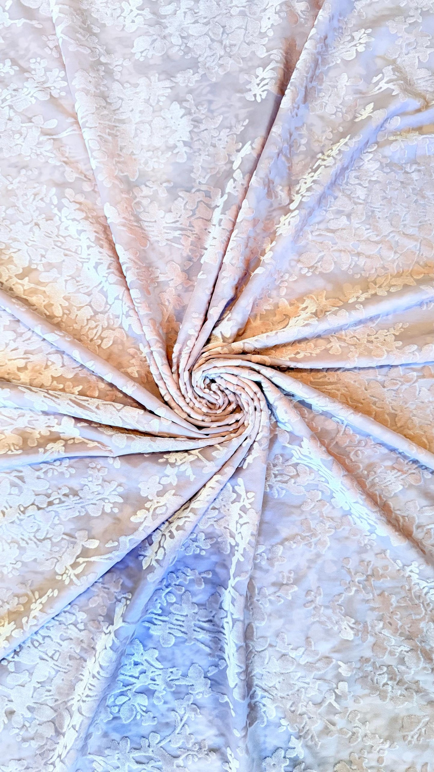 Burnout stretch velvet floral design white color  Italian High quality 4way stretch 58/50" Sold by the YD. Ships worldwide