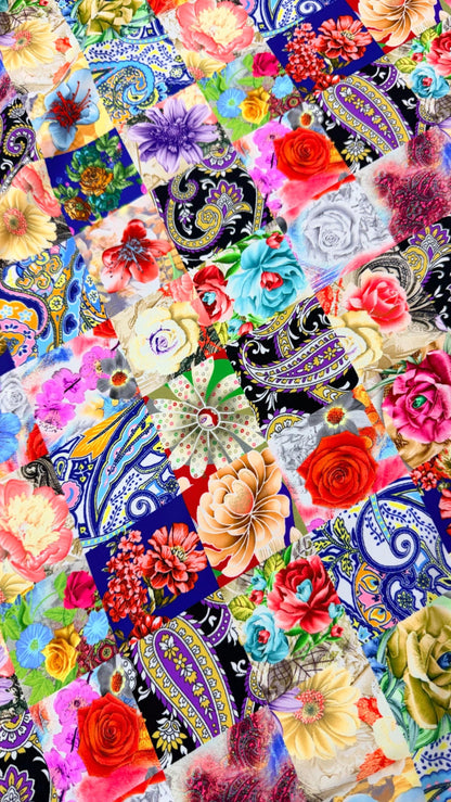 New nylon spandex Multi flower design multicolor 4way Stretch 58/60" Sold by the YD. Ships worldwide from Los Angeles California USA