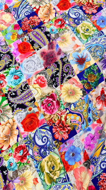 New nylon spandex Multi flower design multicolor 4way Stretch 58/60" Sold by the YD. Ships worldwide from Los Angeles California USA