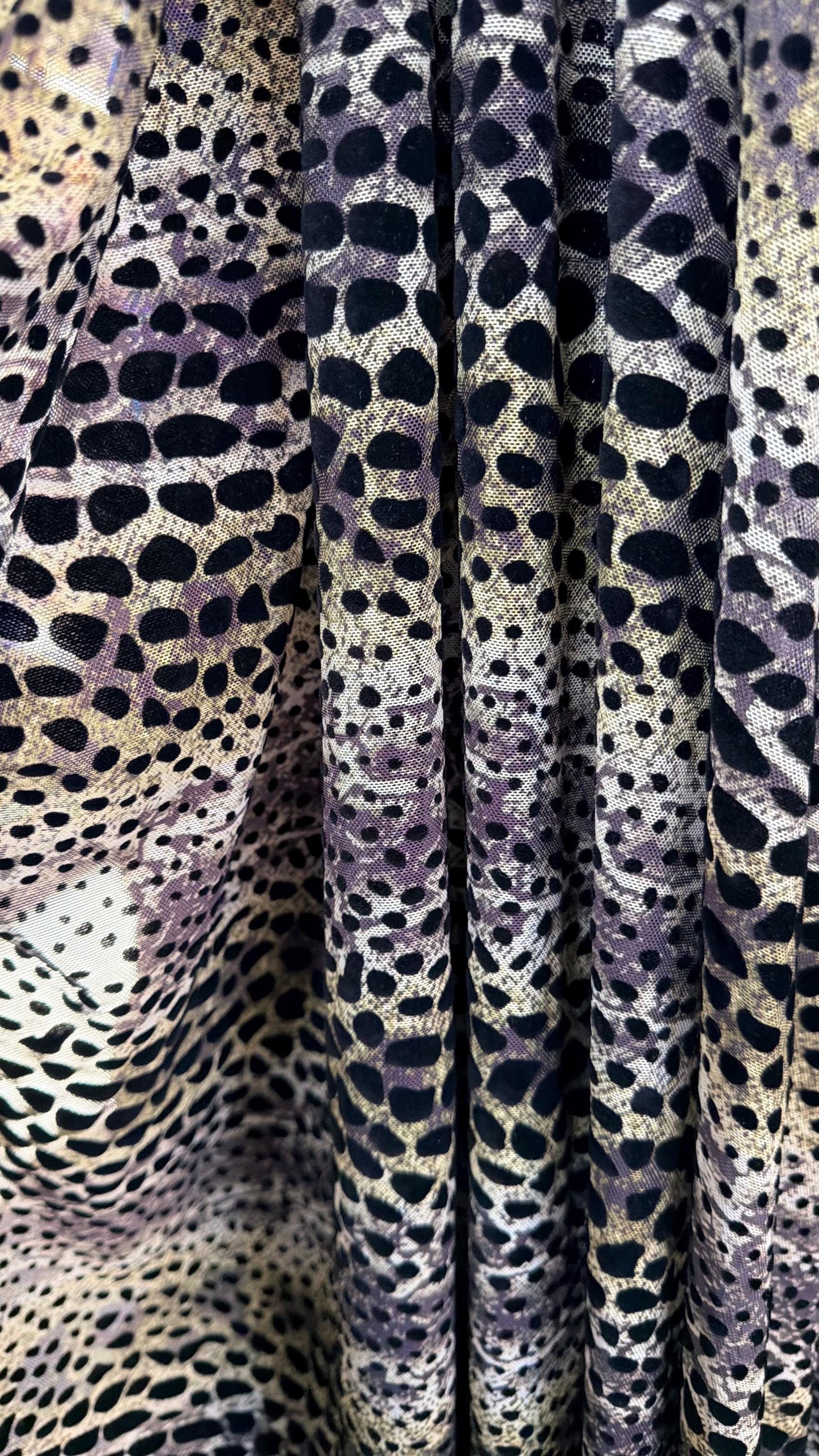 New Stretch mesh with flocking Exotic Animal design 58/60” 4-way stretch 58/60” Sold by the YD. Ships worldwide from Los Angeles California