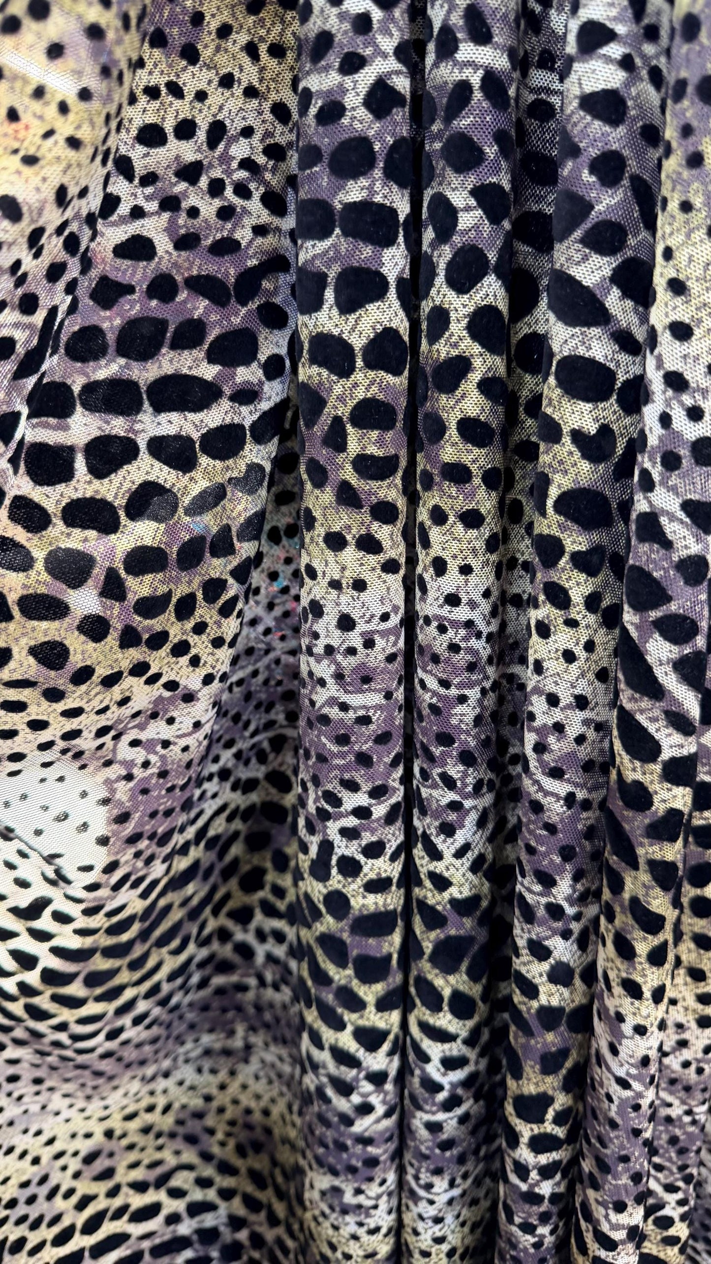 New Stretch mesh with flocking Exotic Animal design 58/60” 4-way stretch 58/60” Sold by the YD. Ships worldwide from Los Angeles California