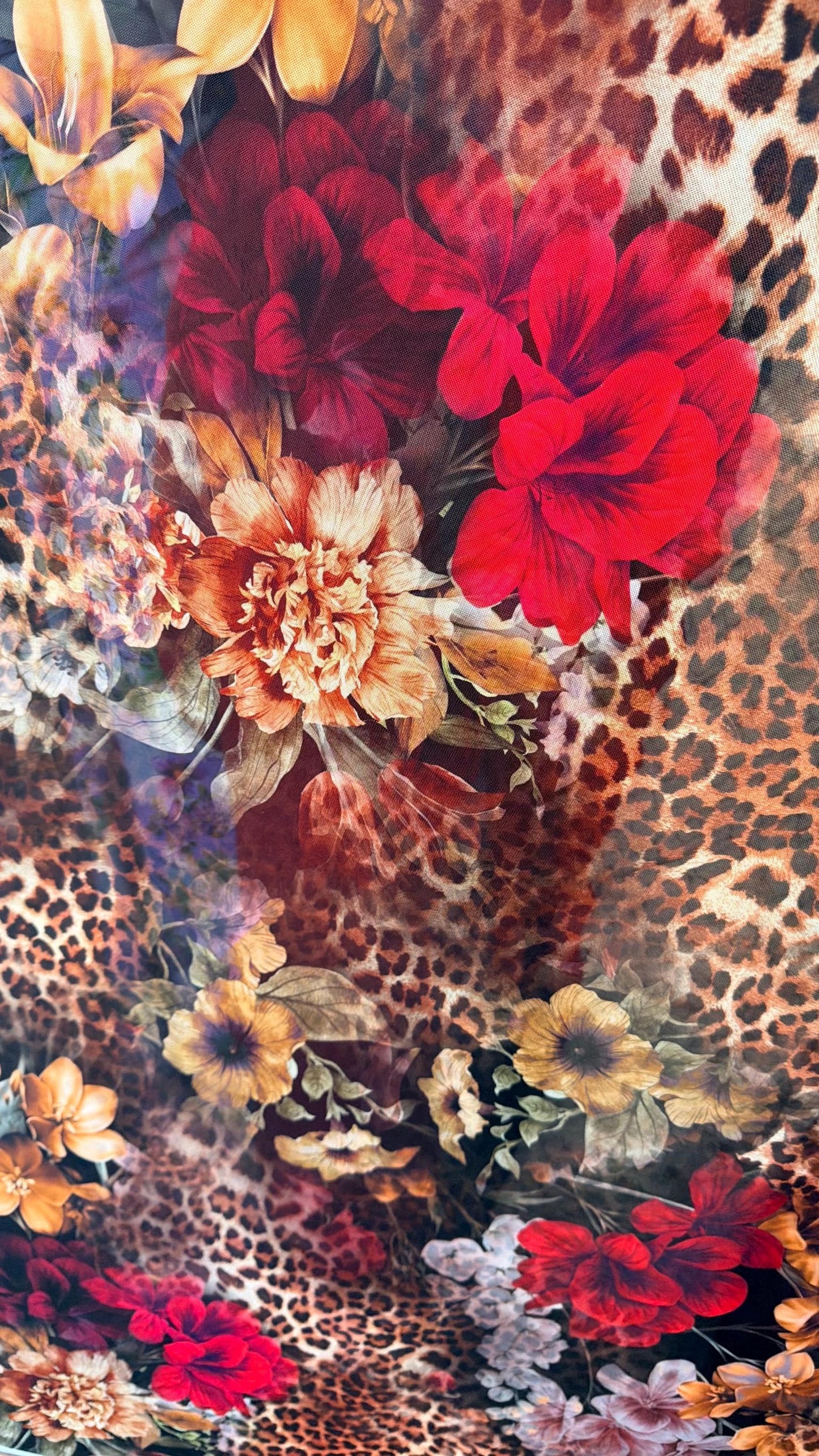 New exotic leopard design with red roses print on power mesh 4-way stretch 58/60” Sold by the YD. Ships worldwide from Los Angeles