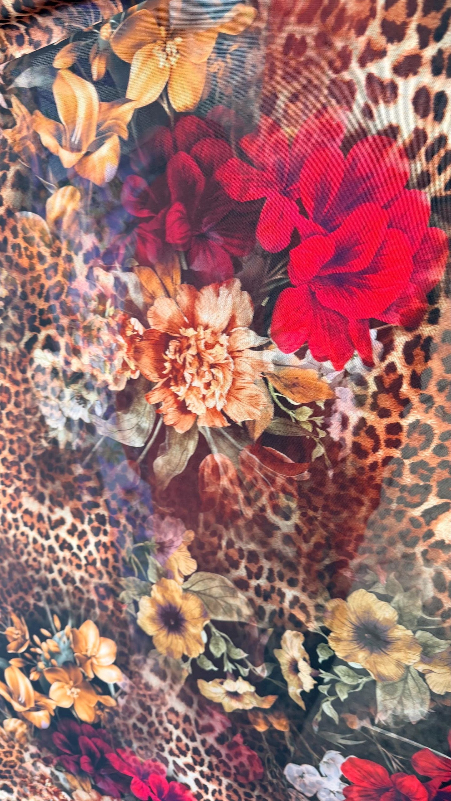 New exotic leopard design with red roses print on power mesh 4-way stretch 58/60” Sold by the YD. Ships worldwide from Los Angeles